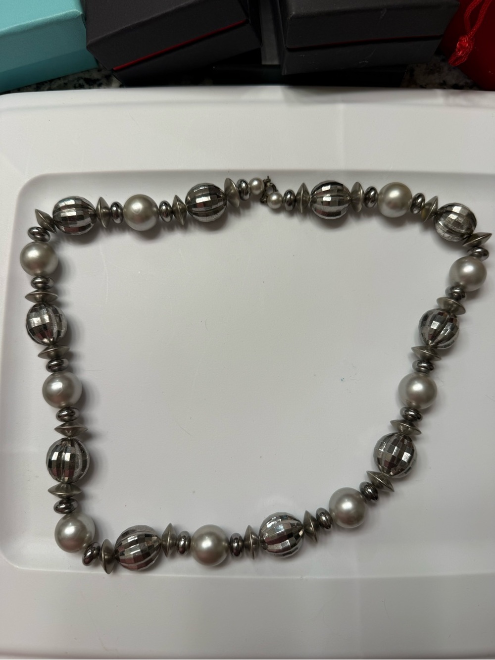 Silver-Tone Beaded Necklace with Pearl Accents